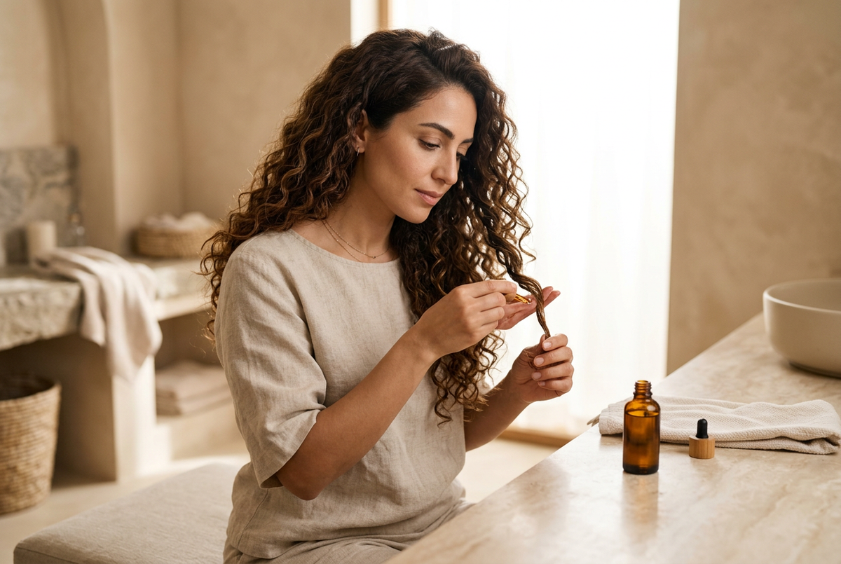 Femme aux cheveux bouclés appliquant une petite quantité d’huile sur ses longueurs avant le shampoing.