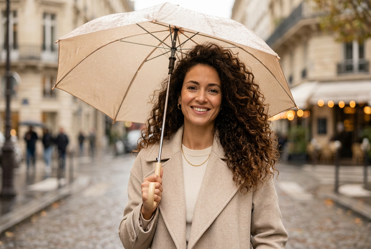 Cheveux bouclés protégés de la pluie sous un parapluie