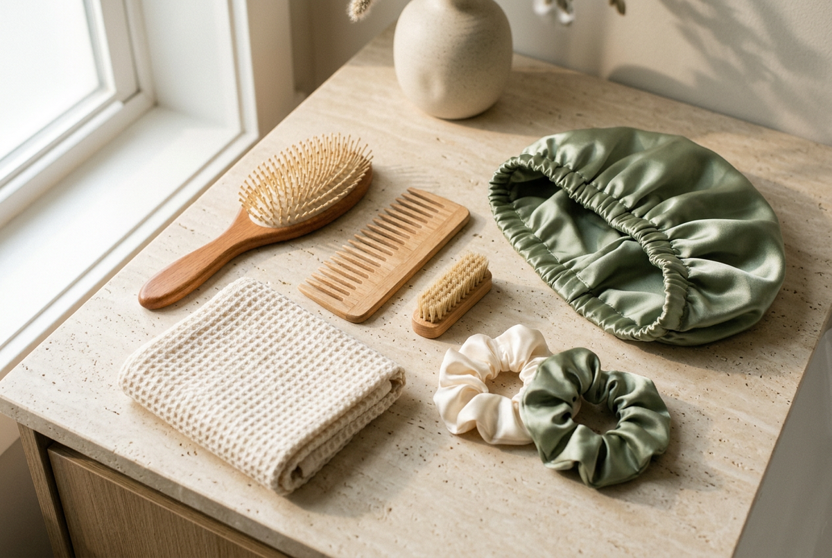 Brosse, peigne à dents larges, bonnet satiné et chouchous disposés sur une surface crème près d’une serviette.