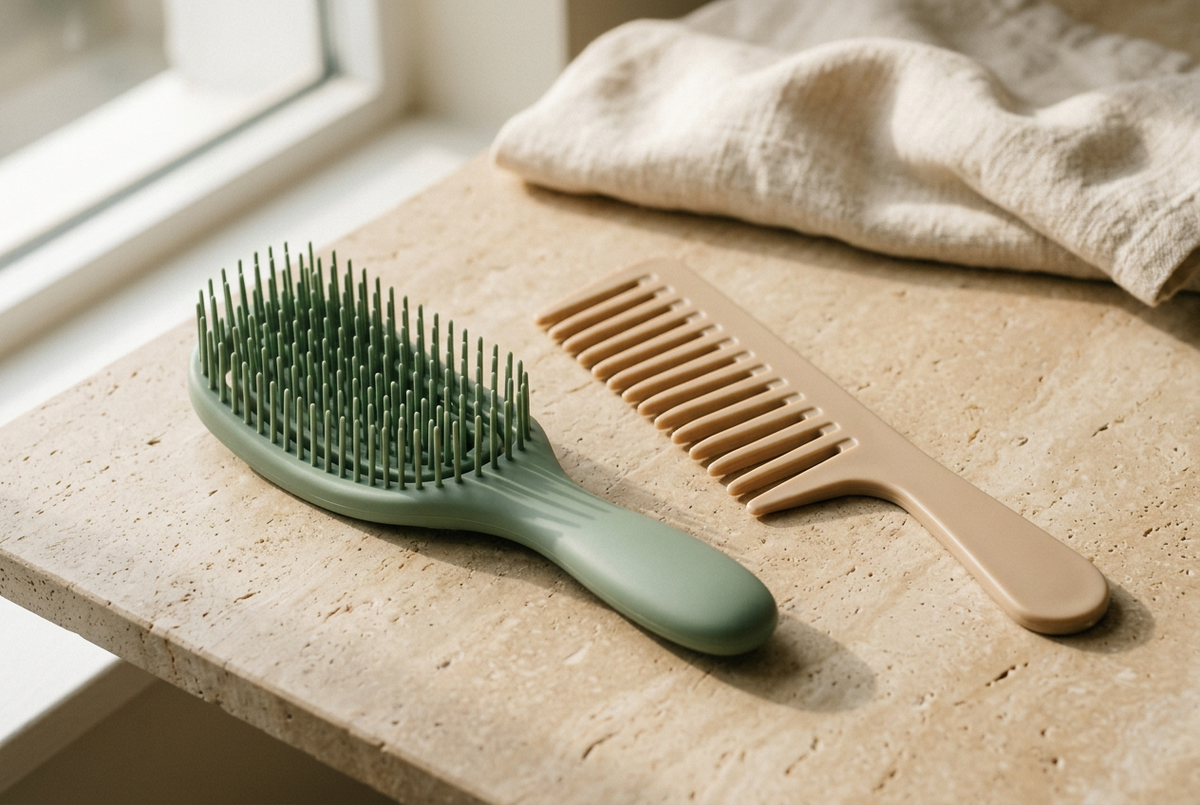 Une brosse démêlante vert sauge et un peigne beige à dents larges sont posés côte à côte sur une surface crème.