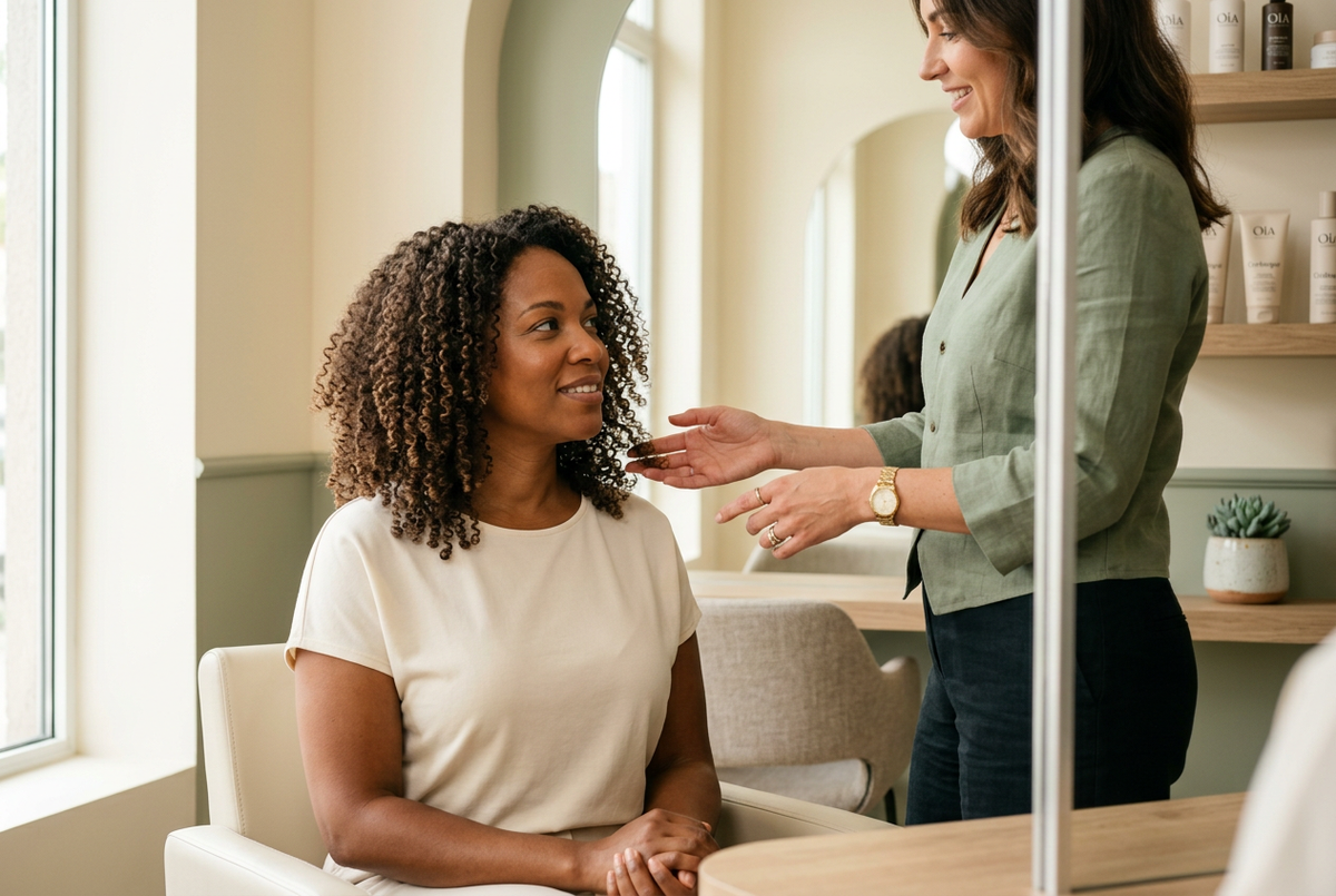 Une cliente aux cheveux bouclés échange avec une coiffeuse qui désigne ses longueurs devant un miroir de salon.