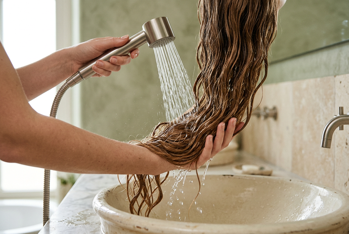 Des longueurs châtaines humides sont soutenues dans une main et rincées à la douchette au-dessus d’un lavabo crème.