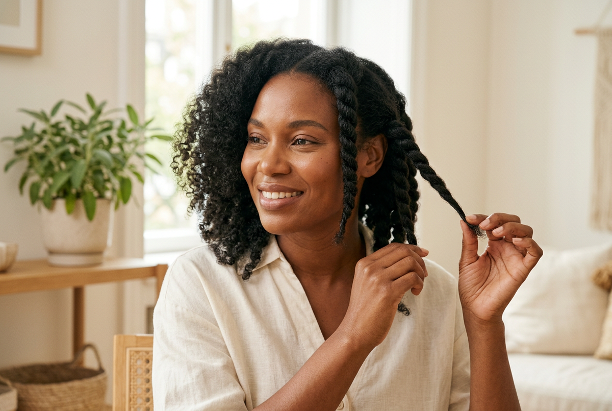 Une femme tient l’extrémité d’une vanille entre ses doigts, avec une partie de ses cheveux en grosses vanilles et l’autre en boucles libres.