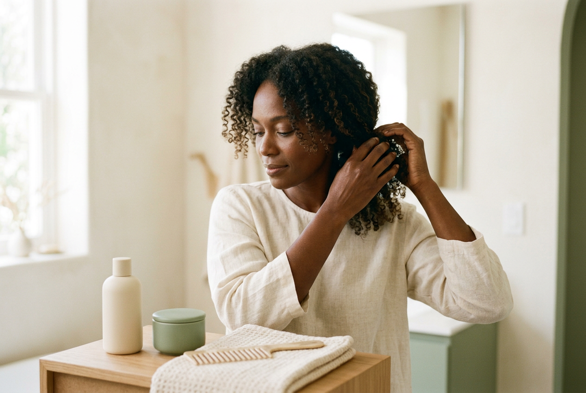 Une femme rassemble ses cheveux bouclés sur le côté, devant un flacon crème, un pot sauge et un peigne posés près d’une serviette.