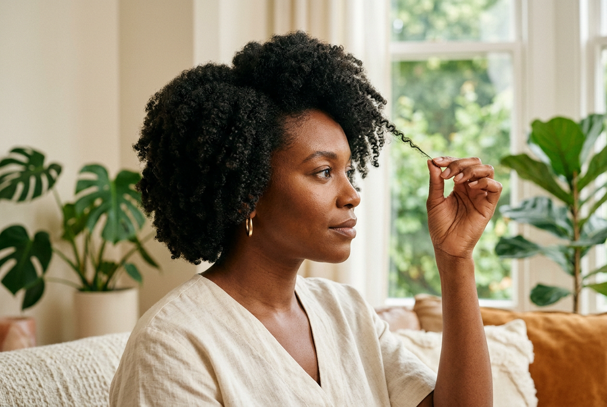 Une femme aux cheveux crépus volumineux tient une petite mèche légèrement étirée entre ses doigts, près d’une fenêtre.