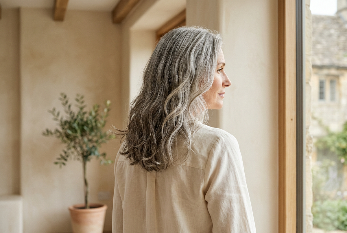 Une femme aux cheveux gris argentés ondulés, vue de trois-quarts dos, regarde par une fenêtre.