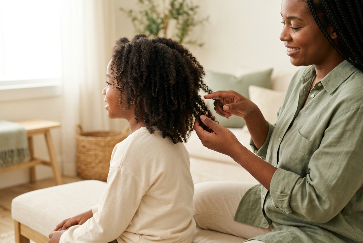 Une adulte démêle délicatement avec les doigts les cheveux bouclés d’un enfant assis à ses côtés.