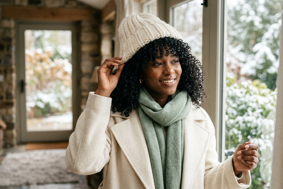 Une femme aux cheveux bouclés ajuste un bonnet crème en maille, avec un manteau crème et une écharpe vert sauge, près d’une fenêtre.