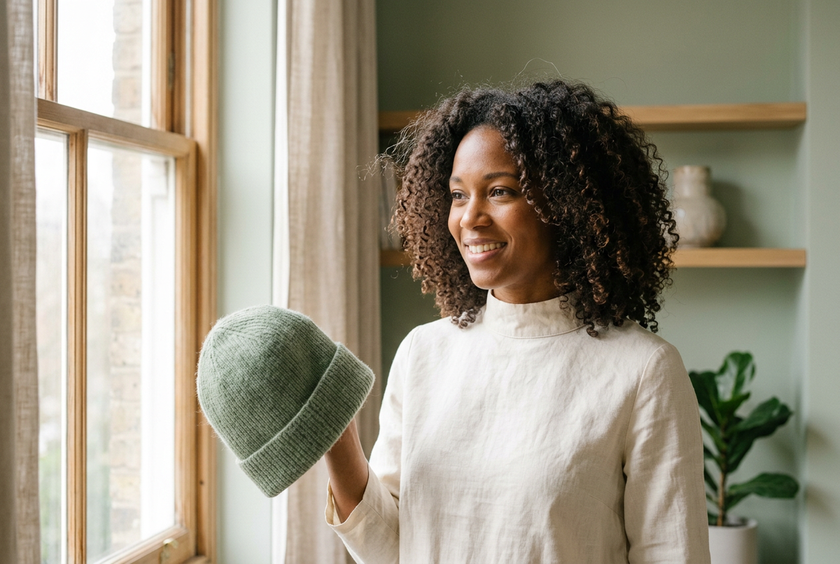 Une femme aux cheveux bouclés, avec quelques mèches soulevées autour de la tête, tient un bonnet vert sauge près d’une fenêtre.