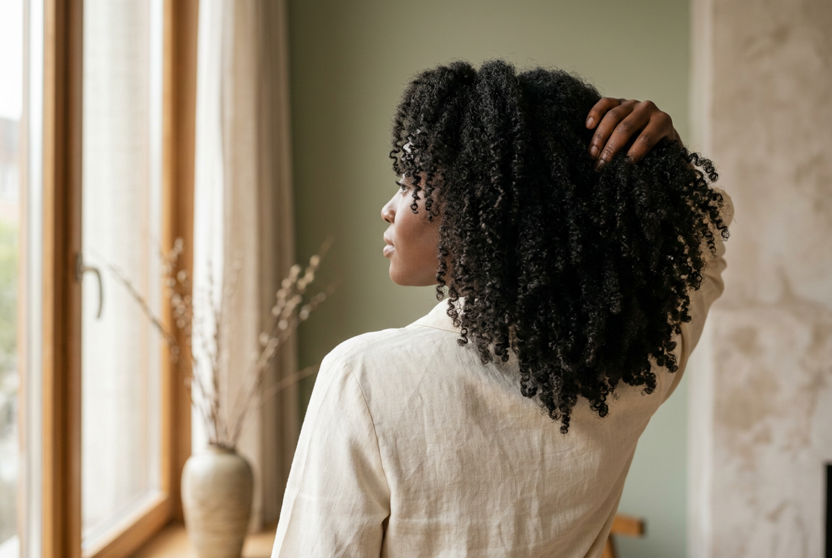Une femme vue de trois-quarts dos soulève une section de sa chevelure noire aux boucles serrées et volumineuses, près d’une fenêtre.