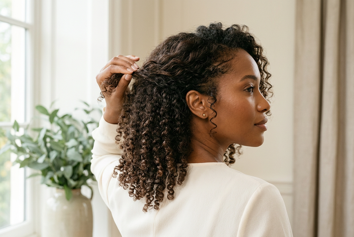 Une femme vue de trois-quarts dos soulève une section de ses cheveux, aux ondulations plus larges sur le dessus et aux boucles plus serrées vers la nuque.