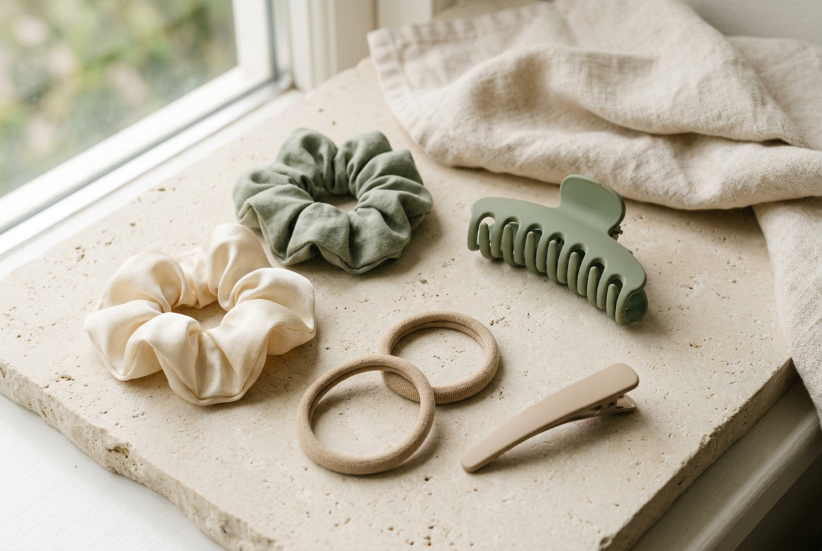 Deux chouchous crème et sauge, une pince sauge, deux élastiques beiges et une barrette sont disposés sur une surface claire près d’un tissu plié.
