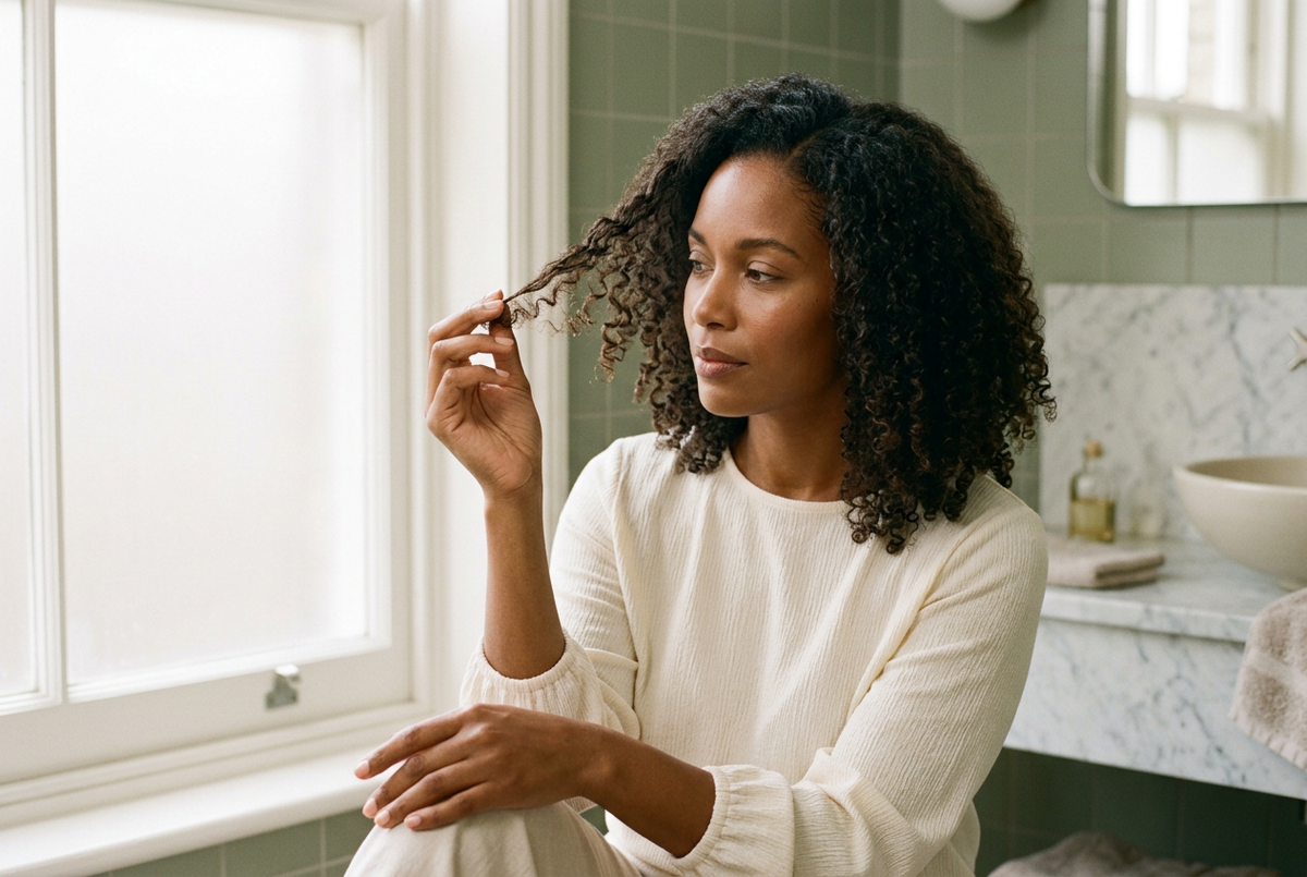 Une femme aux cheveux bouclés examine les pointes d’une mèche tenue entre ses doigts, assise près d’une fenêtre.