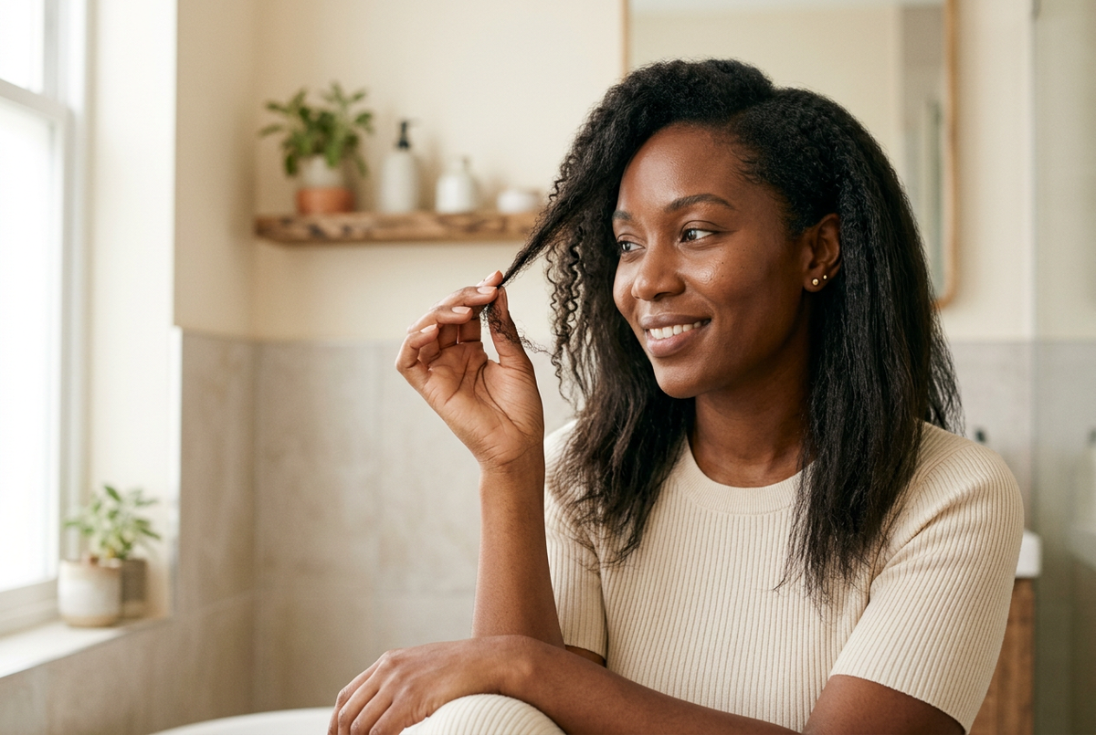 Femme observant ses cheveux naturels pendant une transition capillaire après défrisage