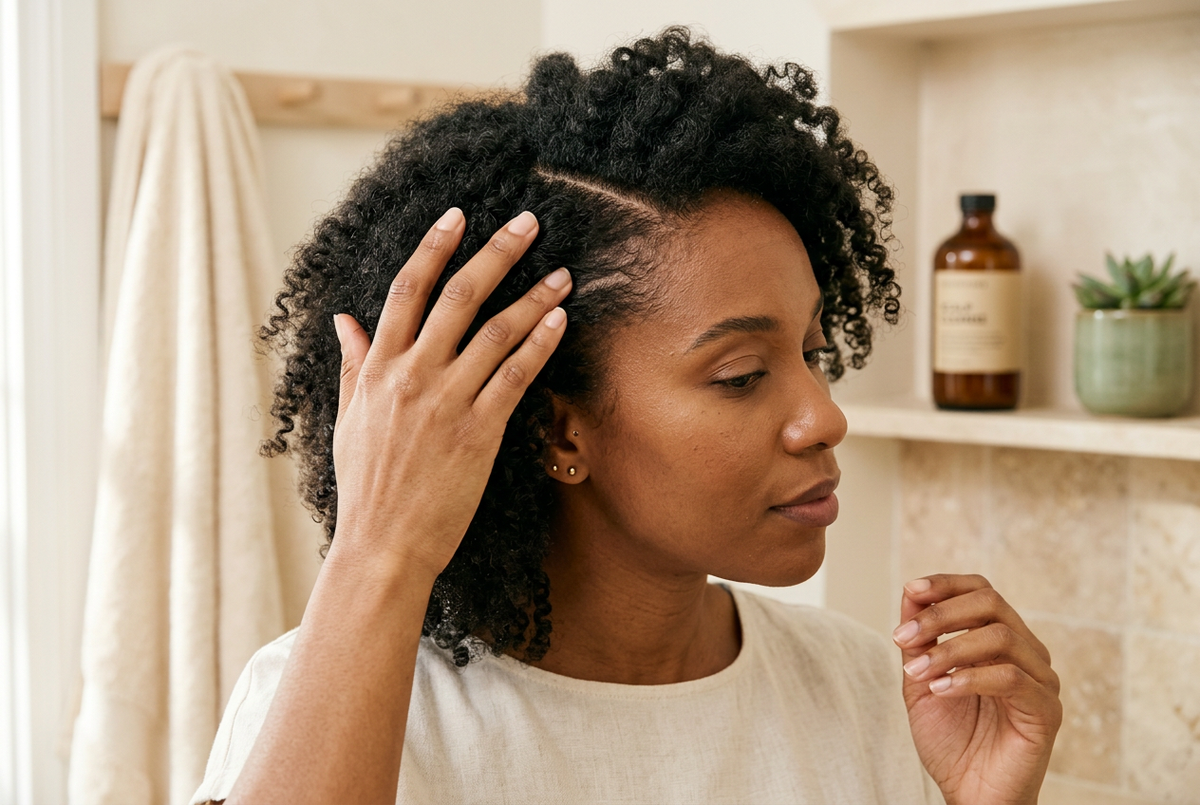 Femme écartant délicatement ses boucles pour observer son cuir chevelu