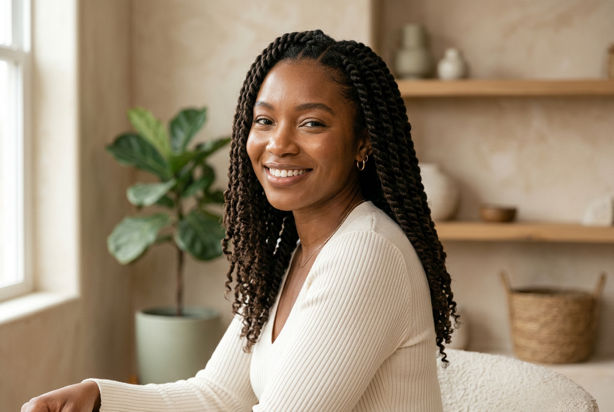 Femme portant des vanilles naturelles comme coiffure protectrice
