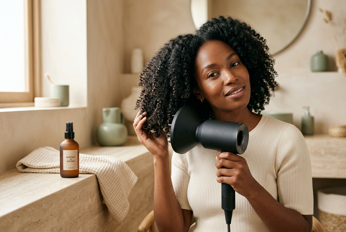 Femme séchant ses cheveux bouclés avec un diffuseur