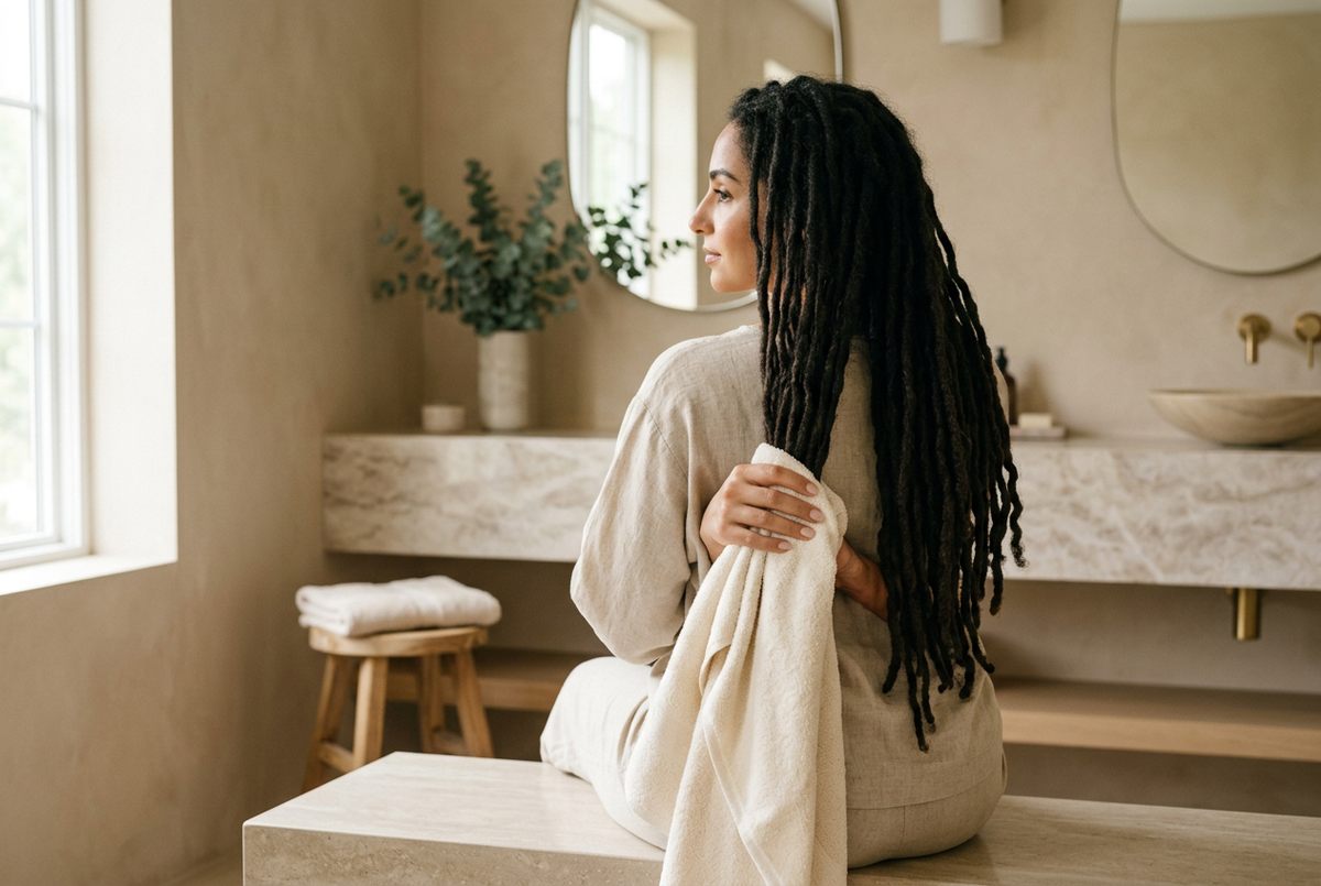 Femme aux longues locks tenant une serviette crème autour des pointes dans une salle de bain lumineuse.