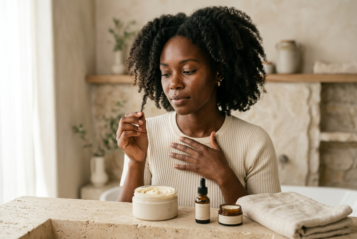 Illustration de soins capillaires pour les cheveux rêches, entre hydratation et protéines