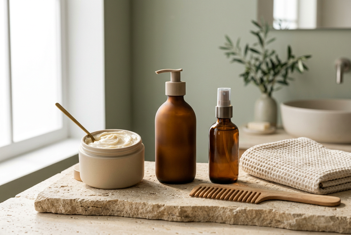 Soins capillaires illustrant les différences entre masque, après-shampoing et soin sans rinçage