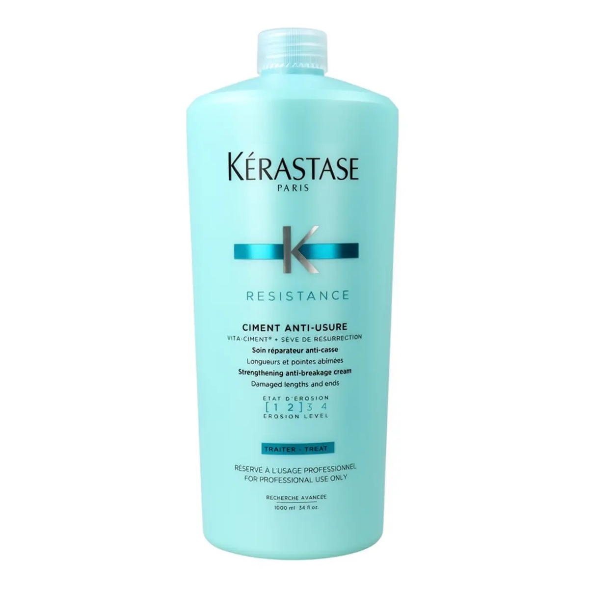 Flacon turquoise Kérastase Résistance Ciment Anti-Usure 1000 ml portant la mention réservé à usage professionnel