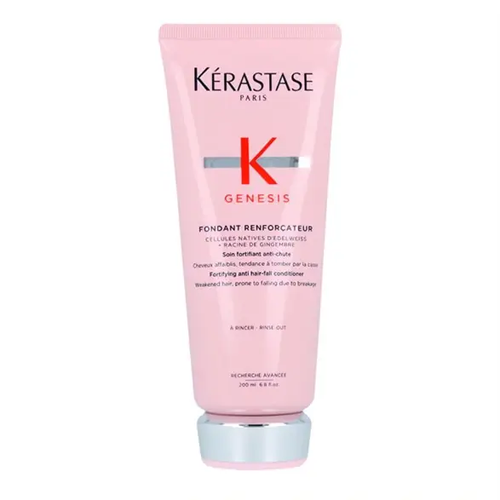 Tube rose Kérastase Genesis Fondant Renforçateur après-shampoing 200 ml sur fond blanc