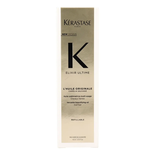 Étui doré Kérastase Elixir Ultime L’Huile Originale rechargeable 75 ml au camélia sauvage sur fond blanc