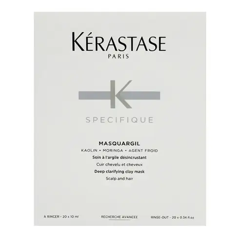 Boîte Kérastase Spécifique Masquargil soin à l’argile désincrustant 20 × 10 ml sur fond blanc