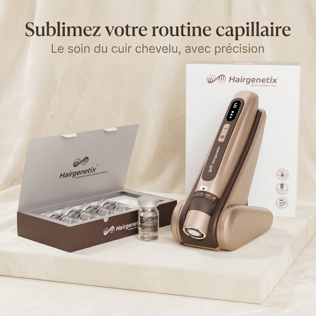 Kit de mésothérapie capillaire à domicile Hairgenetix : coffret et dispositif