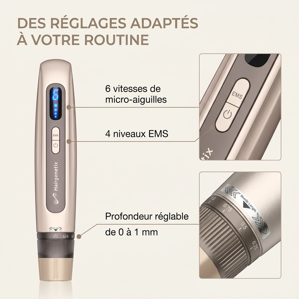 Kit de mésothérapie capillaire : réglages du stylo présentés en français